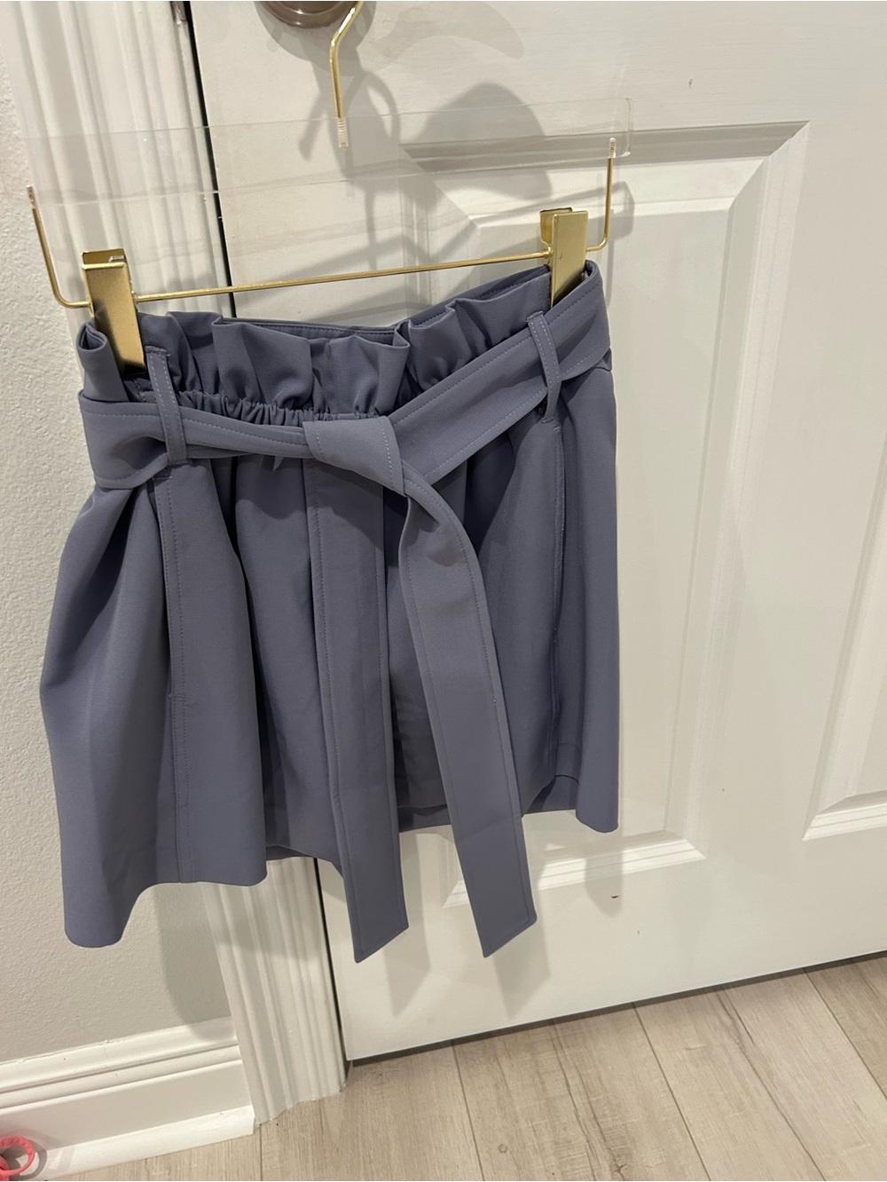 Women's Paperbag Waist Shorts with Tie Belt - Slate Blue Bishop and Young